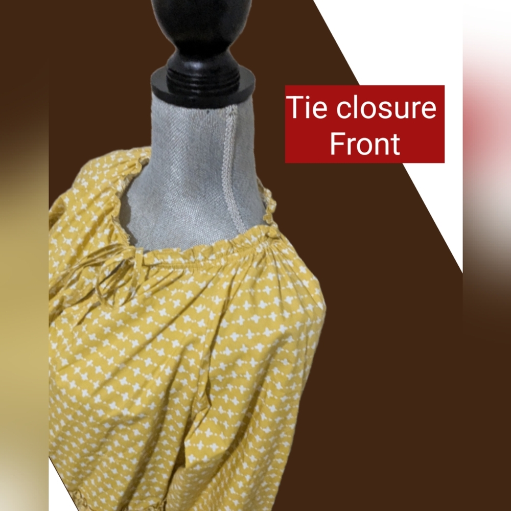 Loft Tiered Cotton Dress Sz M  Mustard Yellow Multi Print Knee Puff Sleeve 🌼(4) - Picture 9 of 16